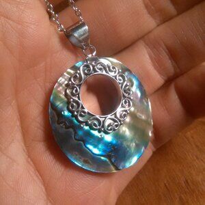 Abalone Sterling Silver Pendant Stainless Steel Necklace